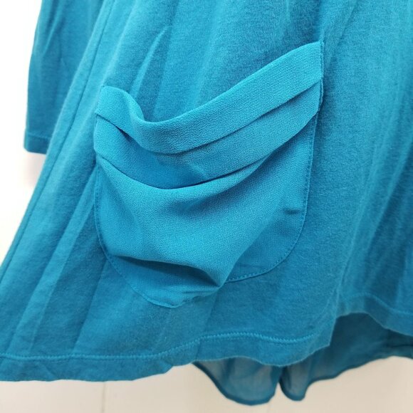 LOGO 14 Blue Shirt Top Tunic Long Sleeve Hi Low Pockets Stretch Knit Chiffon - Picture 2 of 6